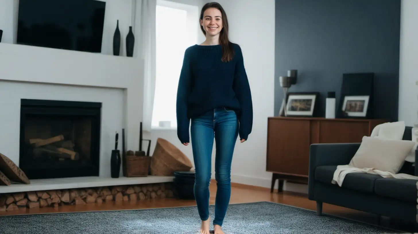 Smiling Woman in Casual Attire on Living Room Carpet