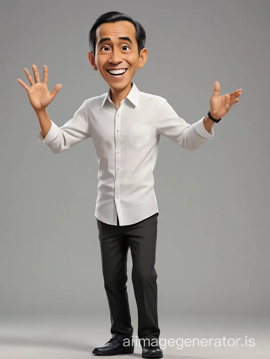 Photo realistic karikatur 3d cartoon render, Jokowi pakai kemeja putih lengan panjang digulung, celana kasual hitam, sepatu hitam, tangan menyapa,