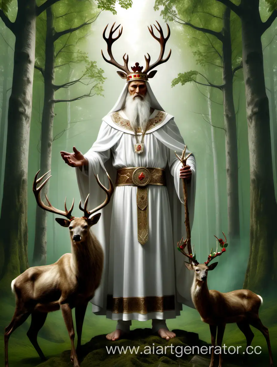 Славянский Бог Велес. Могучий старец с короной из оленьих роков, в белой одежде, рядом с которым стоит медведь на четырёх лапах. На фоне зелёного леса с большими деревьями. Реалистичное изображение.