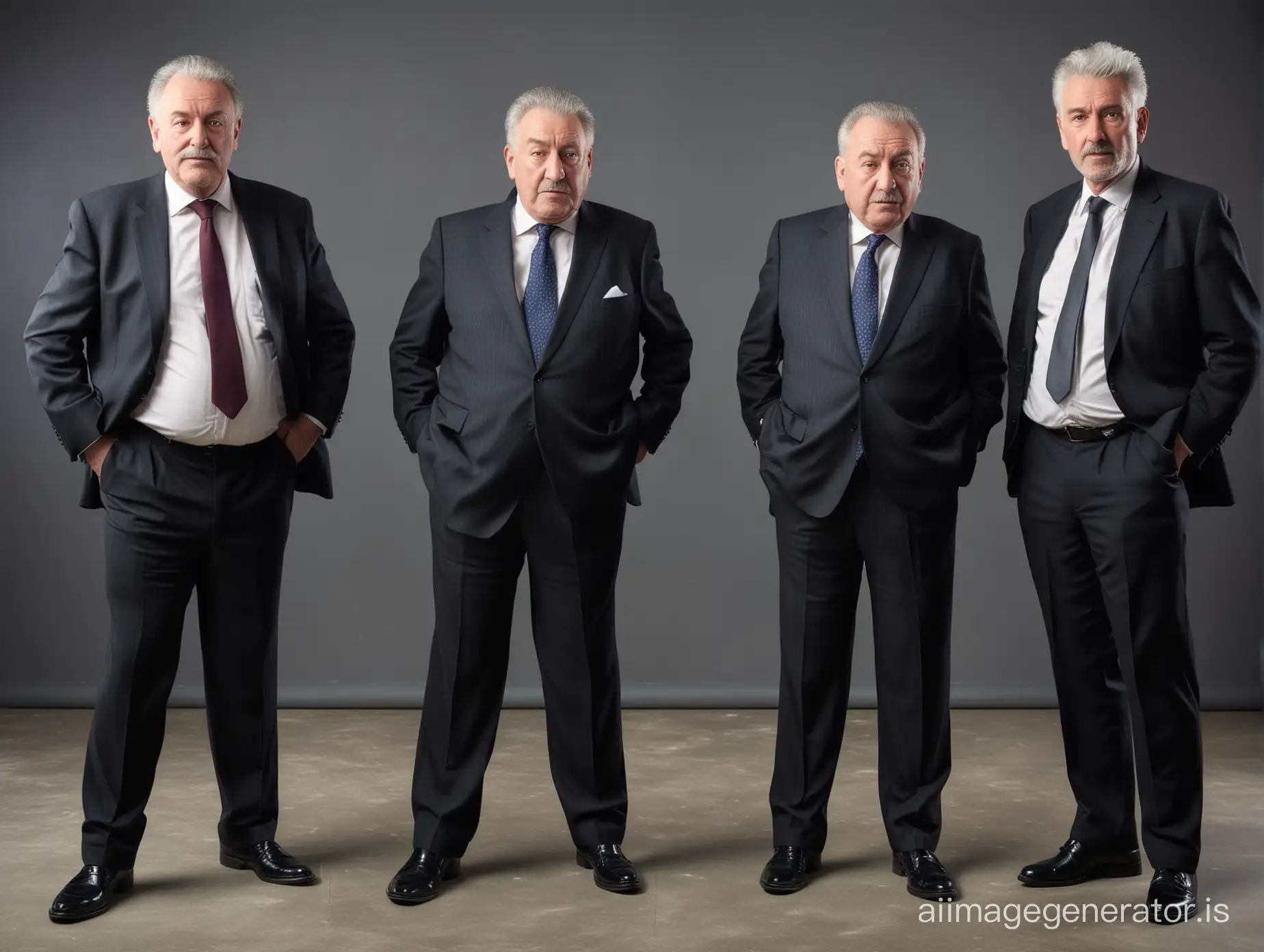 Three fat English gentlemen, all 80 years old businessman, shot height, both wearing suits, black loafers, grey hair,  embarrassing face, bending down, having urethral infection, painful face, full body shot, full body shot, office background, dramatic lighting