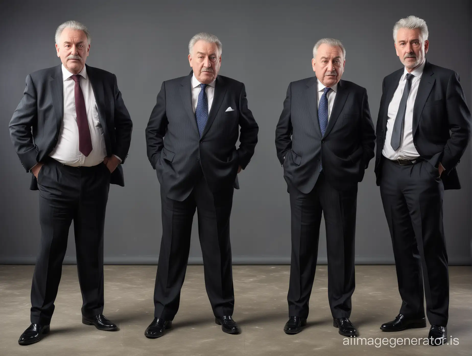 Three fat English gentlemen, all 80 years old businessman, shot height, both wearing suits, black loafers, grey hair,  embarrassing face, bending down, having urethral infection, painful face, full body shot, full body shot, office background, dramatic lighting
