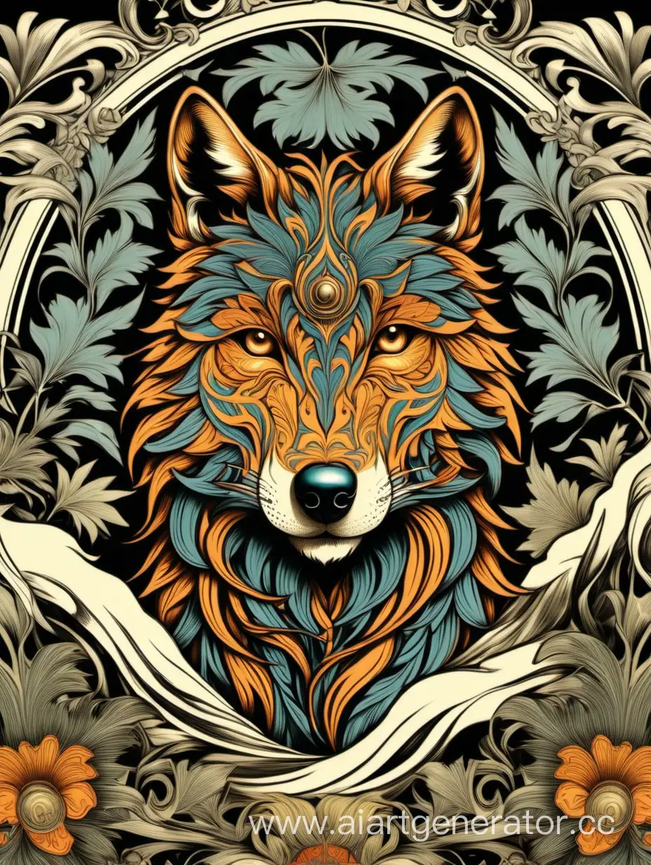 Guara wolf, ornamental, baroque, alphonse mucha, william morris, hiperdetailed poster, high contrast, tropical colors, 
