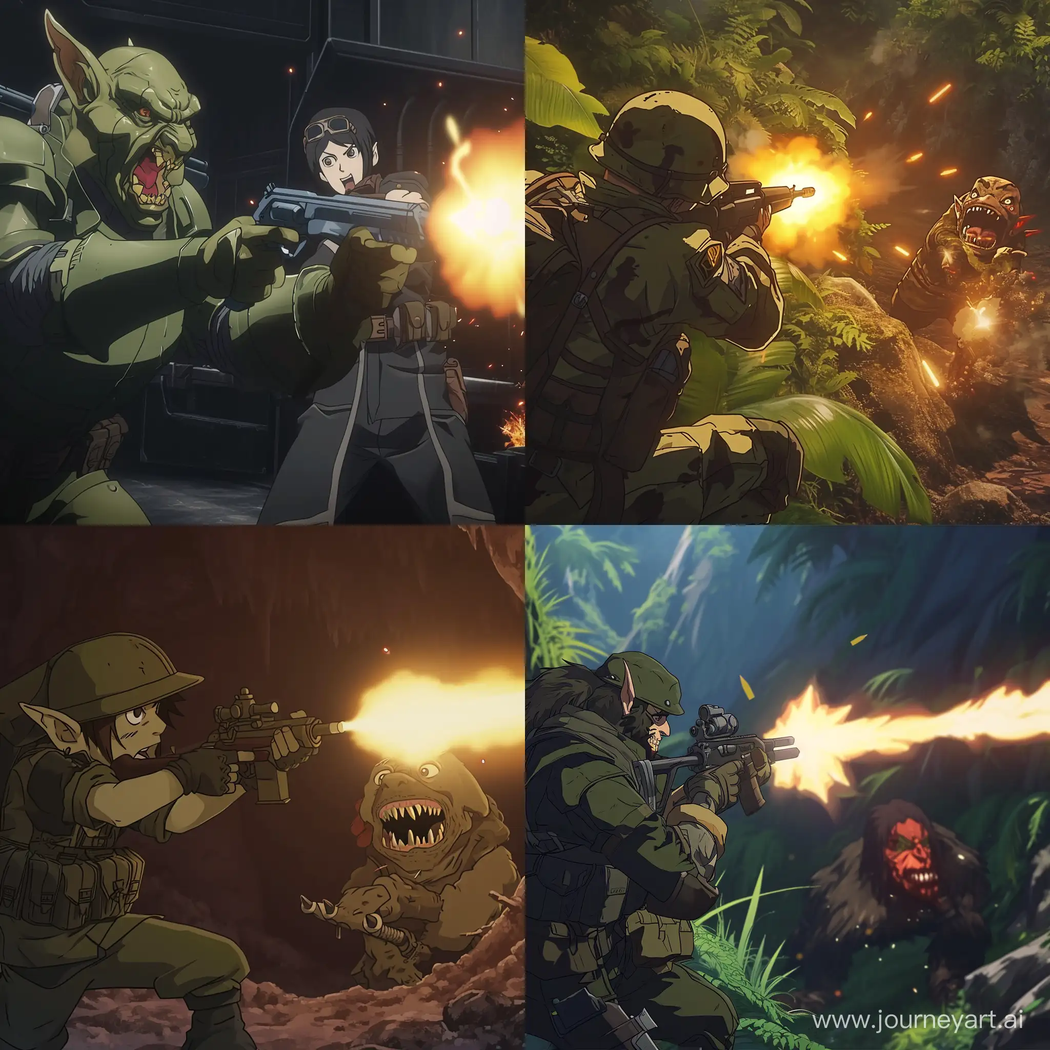 An anime screenshot of soldier shooting at a goblin --v 6