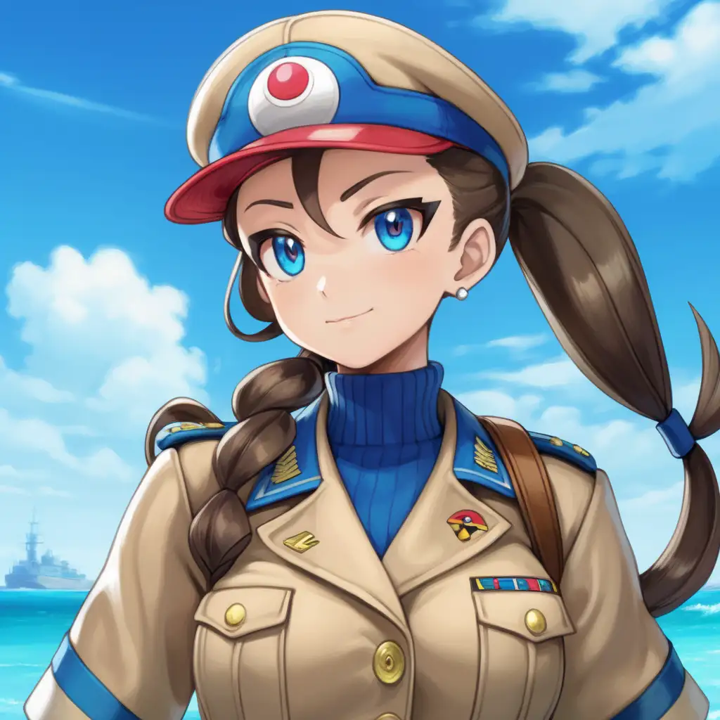 Shes a pokemon trainer that has a toned and fit slim build, warm beige skin with ocean blue eyes. She Wears an WW2 Army uniform, and she is always wearing her pokemon themed har pin and most often wears her long dark brown hair in a ponytail.



