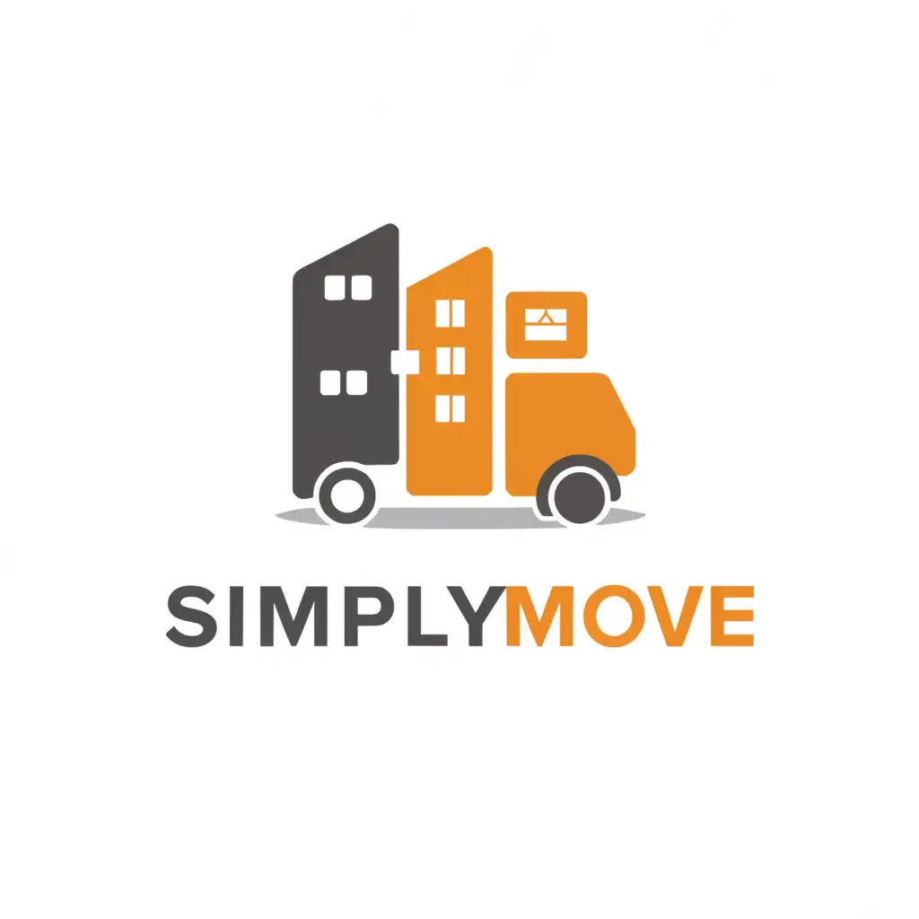 a logo design,with the text "SimplyMove", main symbol:Moving truck, boxes, apartment,Moderate,clear background