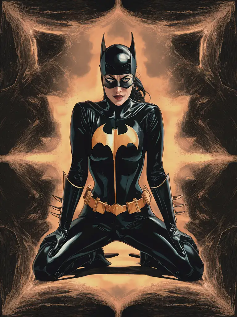 Style: The image should be SFW neo-expressionist in style, similar to the work of Hajime Sorayama. Content: The image should depict a Batwoman in a sleek and alluring latex in a sexy and mischievous pose. The batsuit should be the central focus of the image. Resolution: The image should be in 4k resolution. Medium: The image should be painted in oil. Color scheme: The image should have an RGB color scheme with 20 levels of saturation. Aspect ratio: The aspect ratio of the image should be 9:16. Additional effects: * Apply the Niji artistic effect with a strength of 5. * Use a quality level of 100. * Apply the stylize filter with a strength of 500. * Add a degree of chaos to the image with a strength of 50. * Repeat the entire process 15 times to create a layered and detailed image. * Add a final touch of weirdness with a strength of 30.