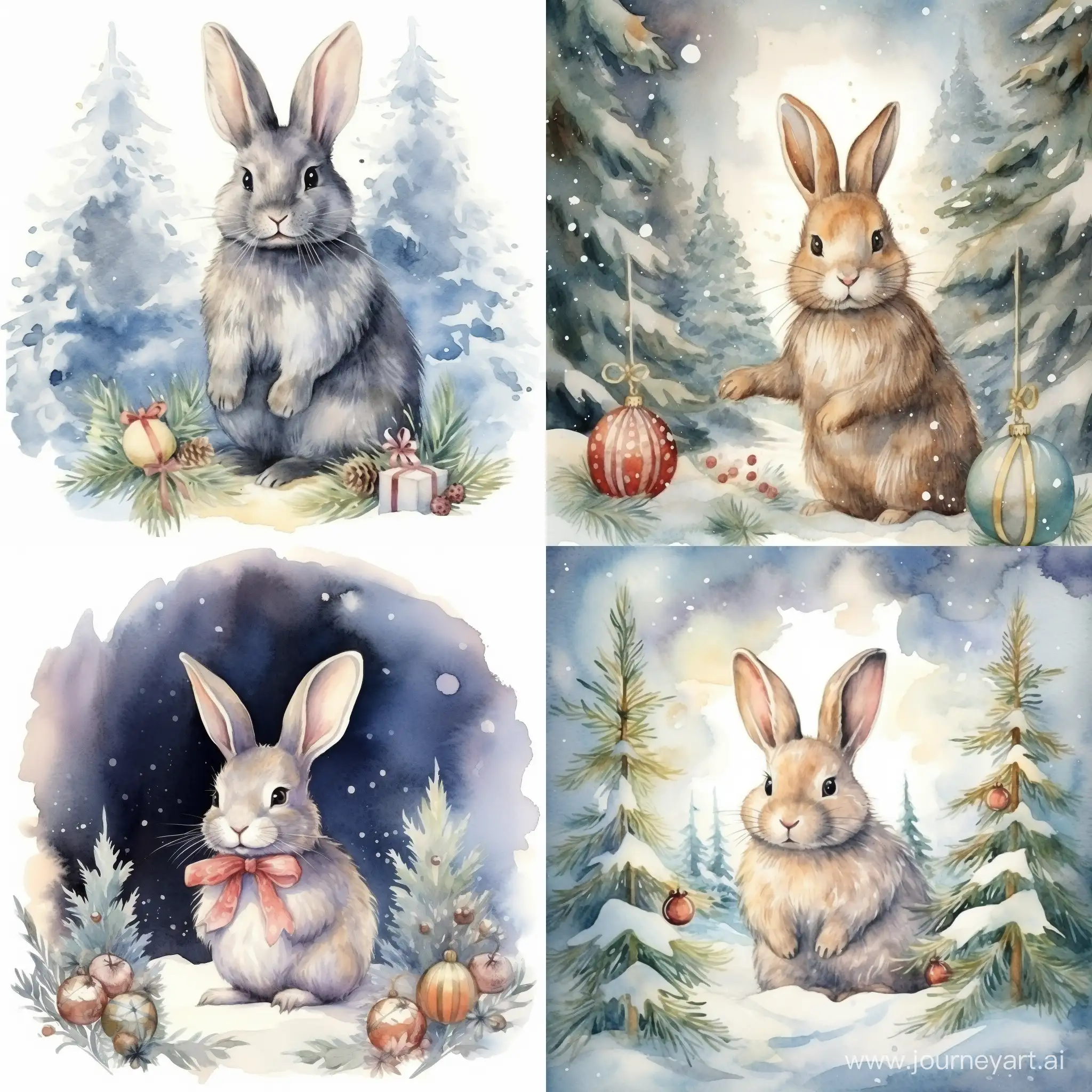 a bunny on a winter background in antique clothes decorates a Christmas tree in the forest. The moon is shining and the stars are shining. Vintage  Christmas card in watercolor realism style.