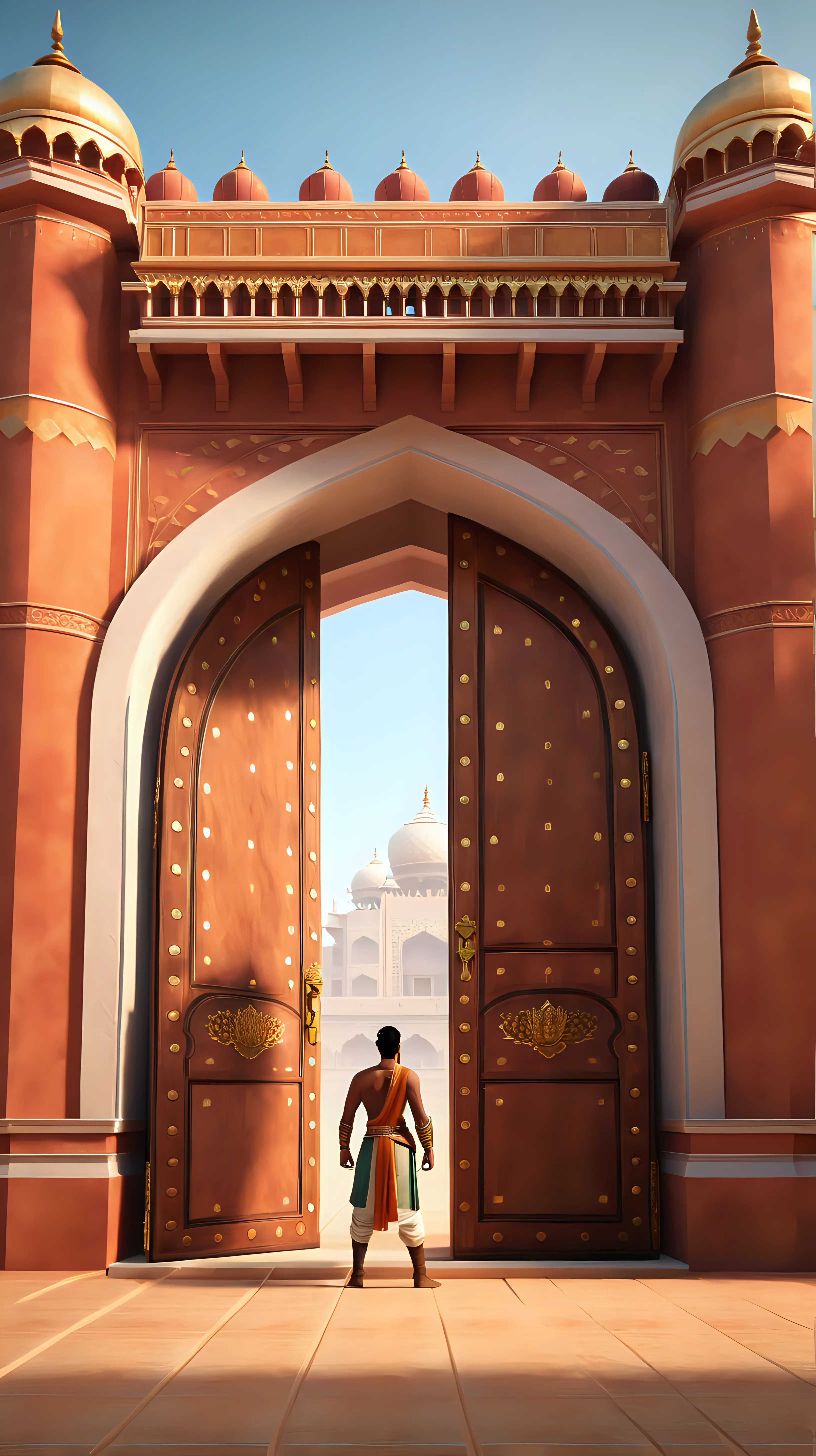 Create a 3D illustrator of an animated back view image shows a 18th century young man, with Indian skintoned, standing confidently in front of a grand, opened entrance to a kingdom. His hand is outstretched, symbolizing strength and determination as he opens the massive doors effortlessly. The scene conveys a sense of power, courage, and possibility, suggesting the individual's ability to conquer challenges and enter new realms with ease.Beautiful colourful and spirited background illustrations.