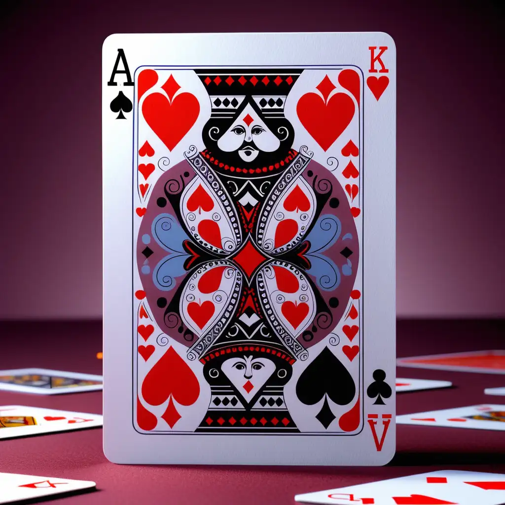 Generate a real photo of a playing card. Their colors are intense and the patterns are precise and clear.  The cards present a wide range of patterns and colors, from hearts, spades, diamonds to clubs, encouraging people to play a variety of card games.