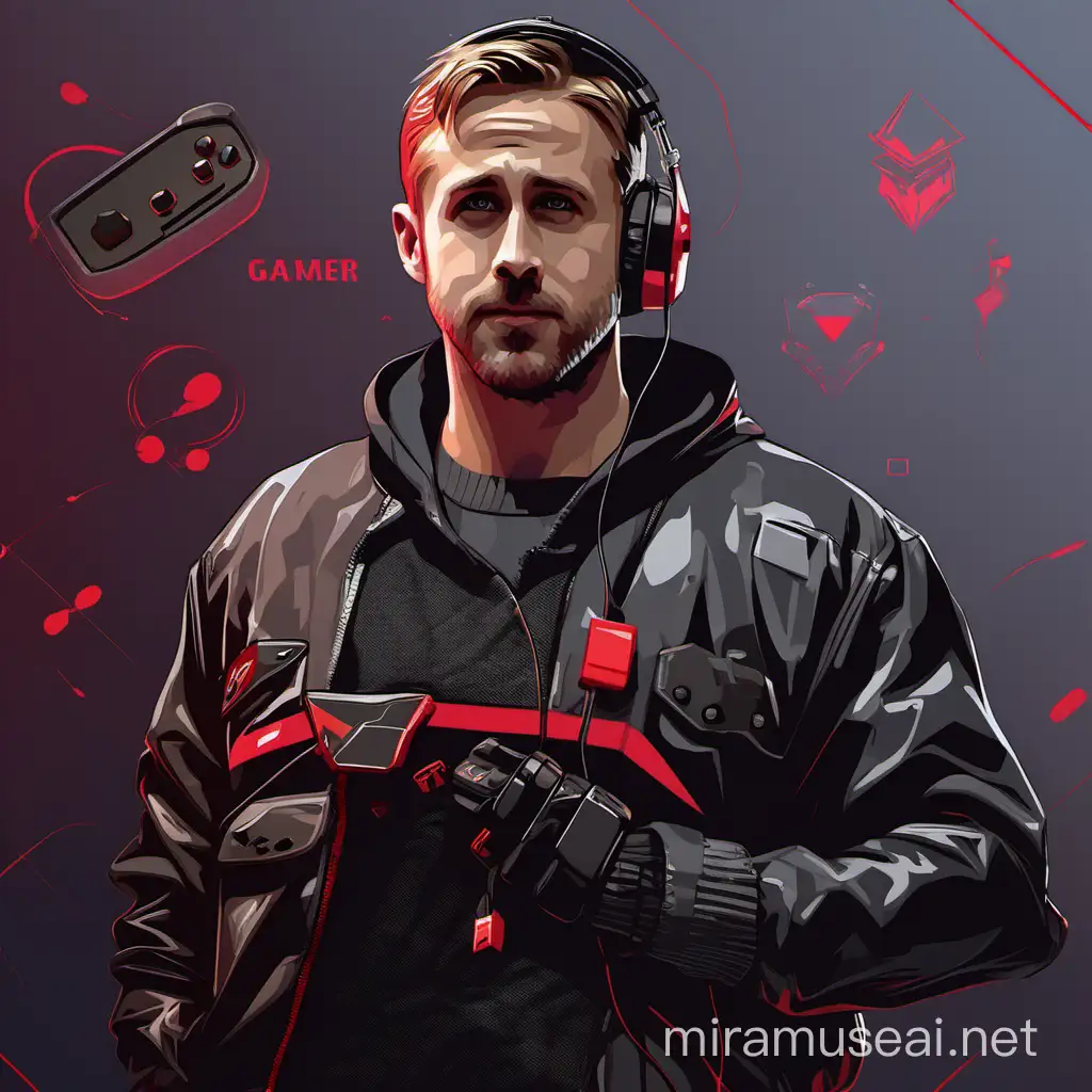 Ryan Gosling in Anime Style with Game Icons on Red Background