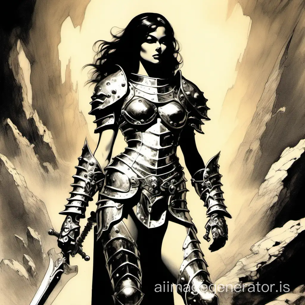 Imagine a full body view of beautiful girl dressed ornated armor in the style of Frank Frazetta . masterpiece, best quality, High contrast, colorful, stark, dramatic, detailed background, high quality, by Frank Frazetta ,