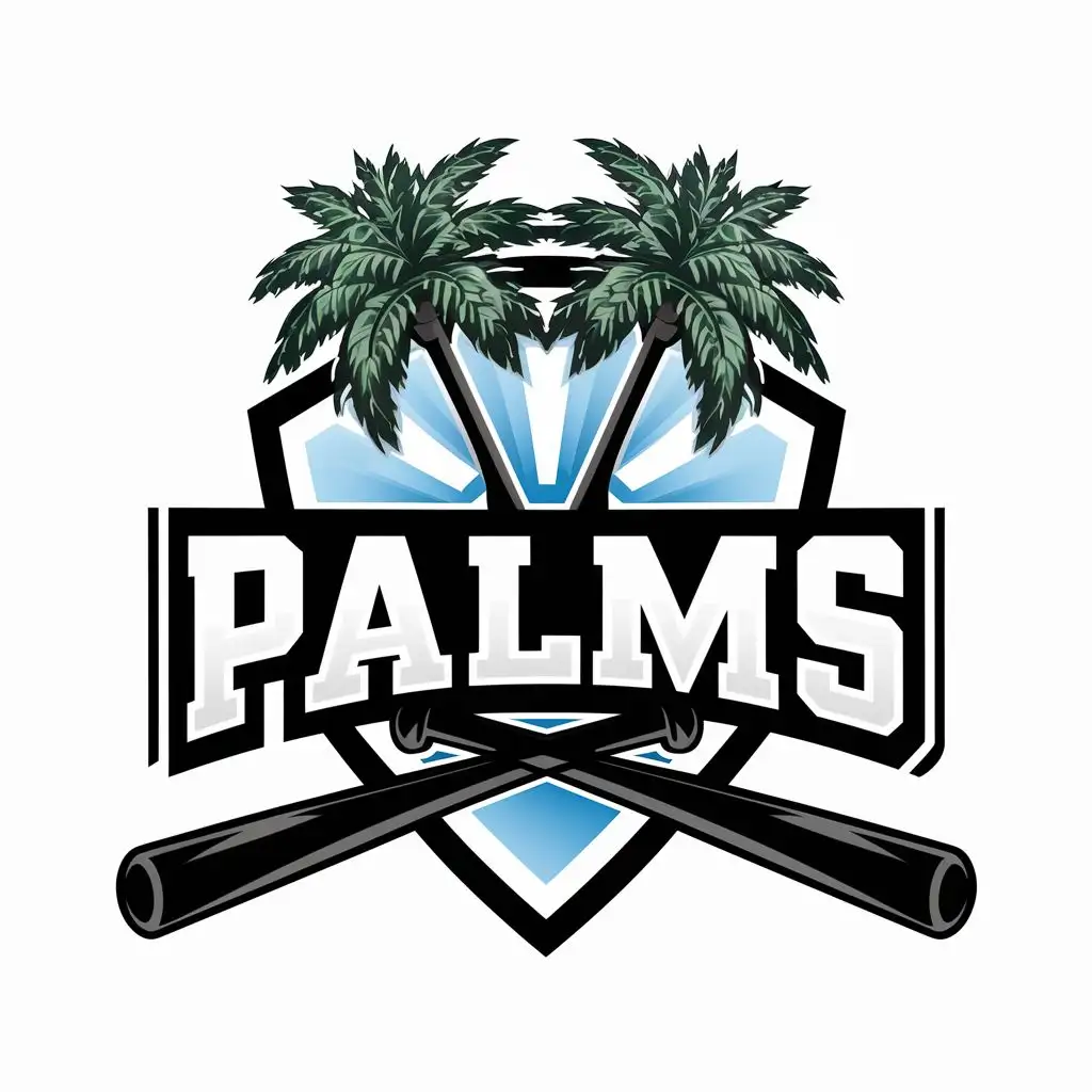 logo, palm trees and baseball bats, with the text "Palms", typography, be used in Sports Fitness industry
