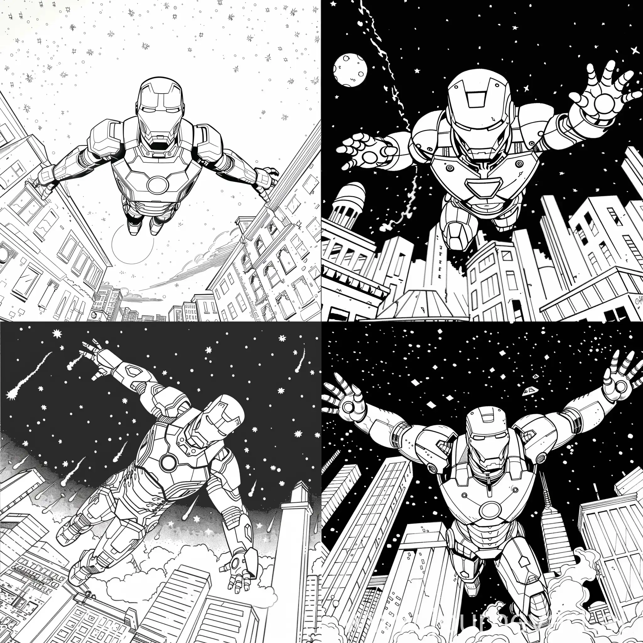  Coloring book page of Iron Man flying over the night city, tony stark, marvel, black and white, cute, simple