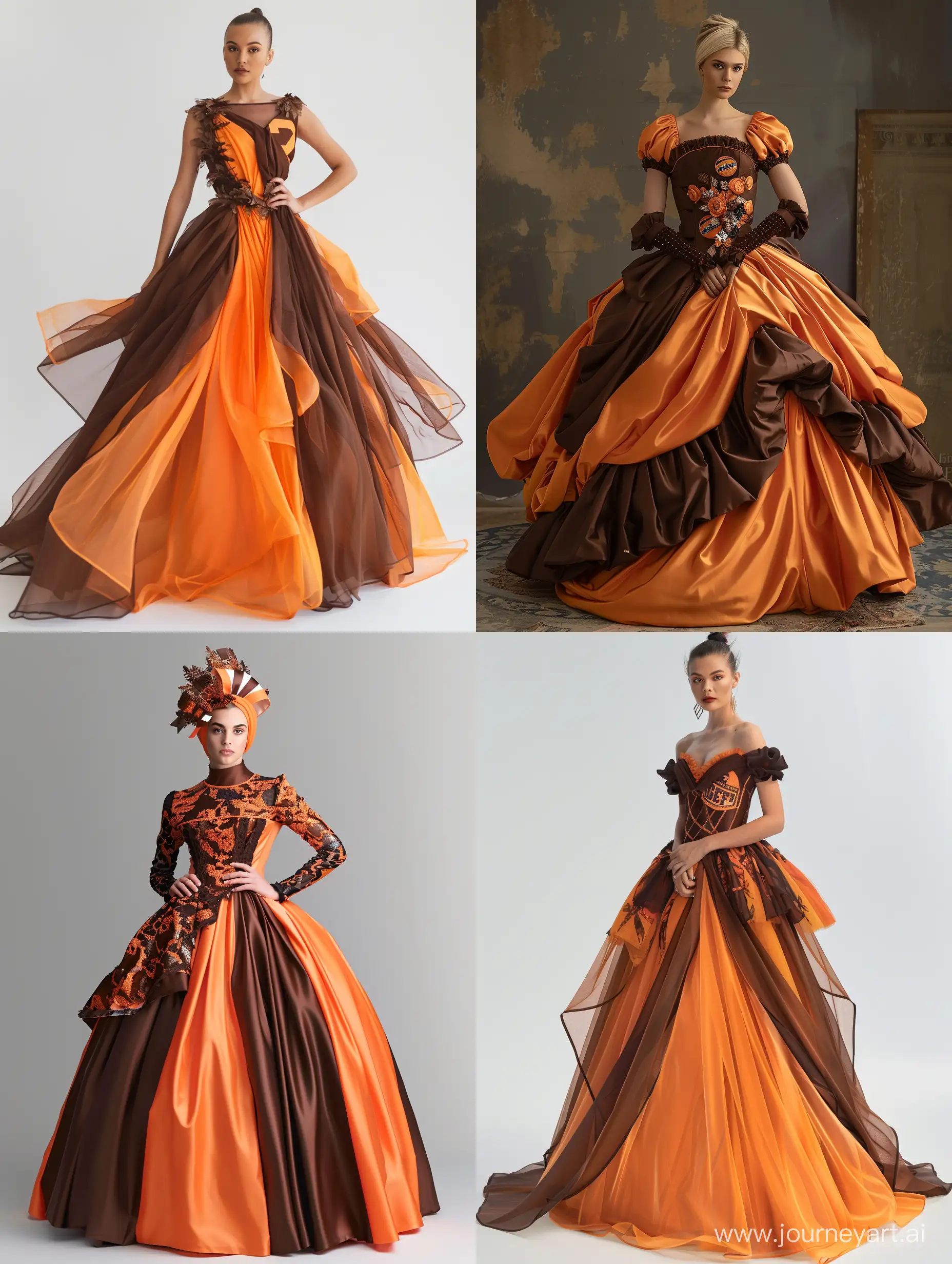 woman wearing a Cleveland Browns inspired ball gown. Orange and brown.