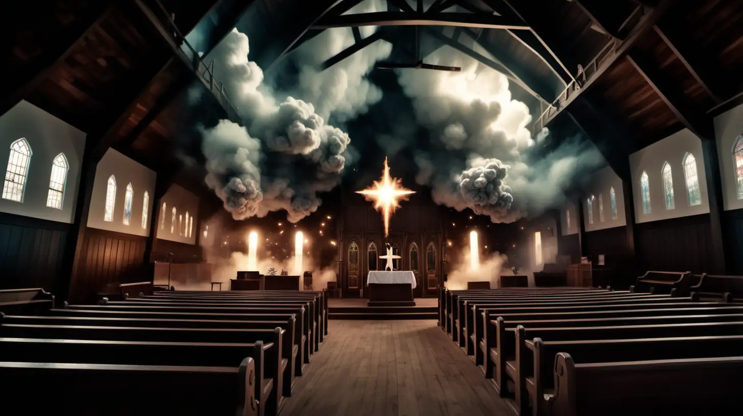 nterior dark church. wooden pews. rural sheriff standing in aisle in uniform, stage. Clouds. angelic Special effects. explosions