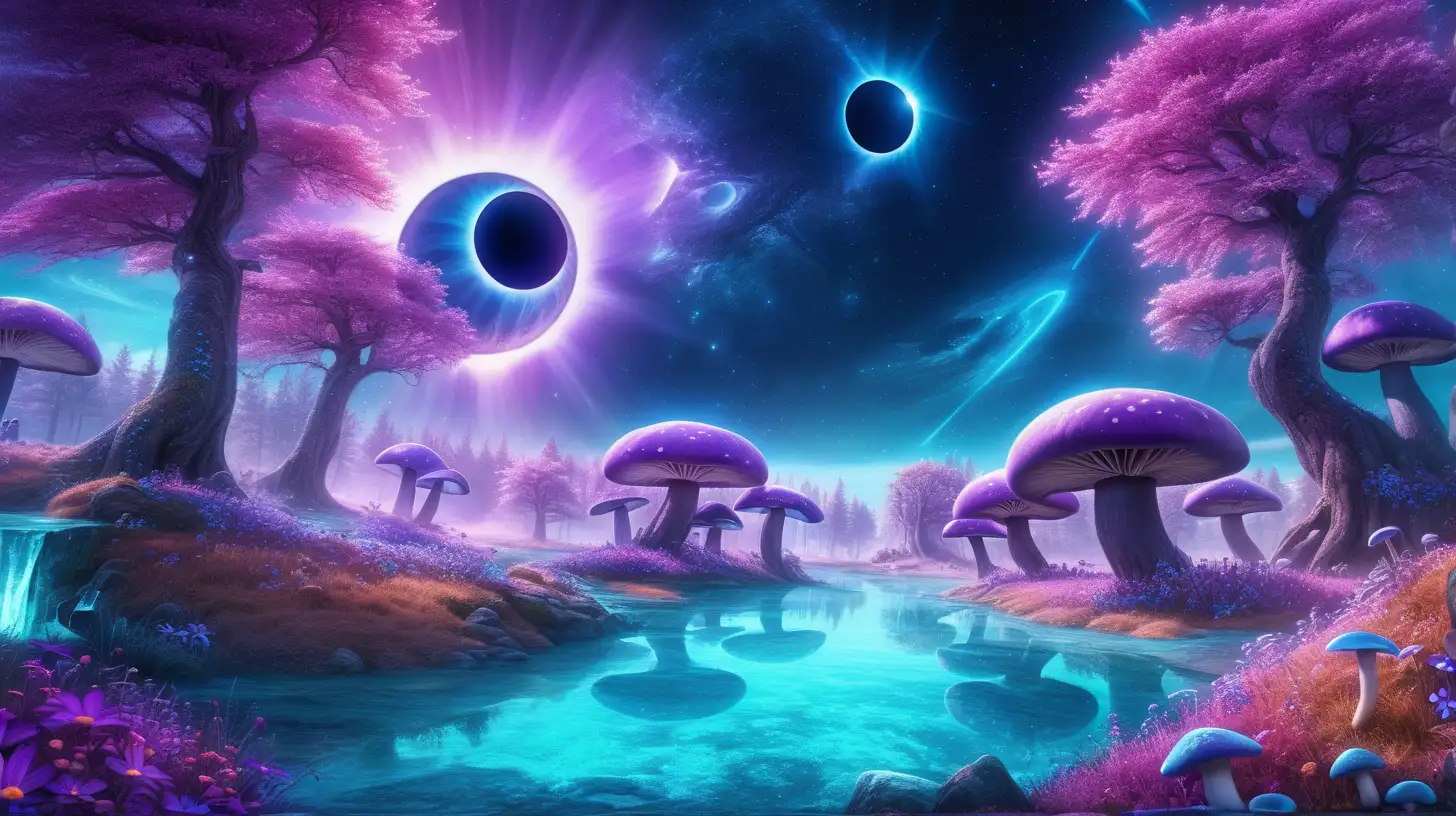 Total solar eclipse in sky with Forest of Bright royal-purple and blue big, flower trees, purple, pink surrounded in turquoise dust. Bright-blue-river. Daylight, 8k, fairytale-glow-in-the-dark mushrooms, glowing. Magical, fantasy and potions and florescent ice and bookshelf