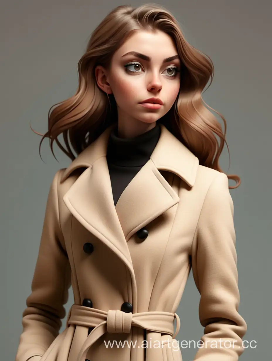 young woman wearing a tight fitting beige coat, front and back
