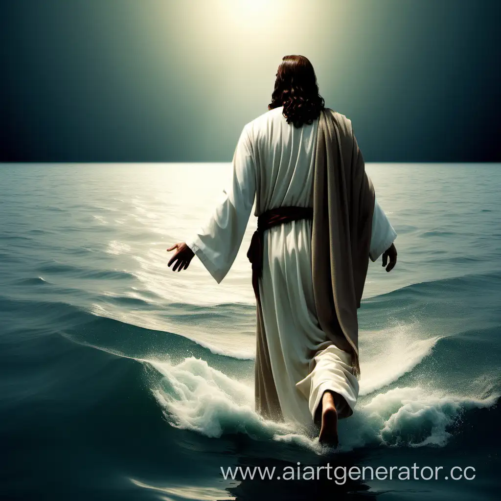 держу Иисуса за руку, Он идет впереди меня по воде
