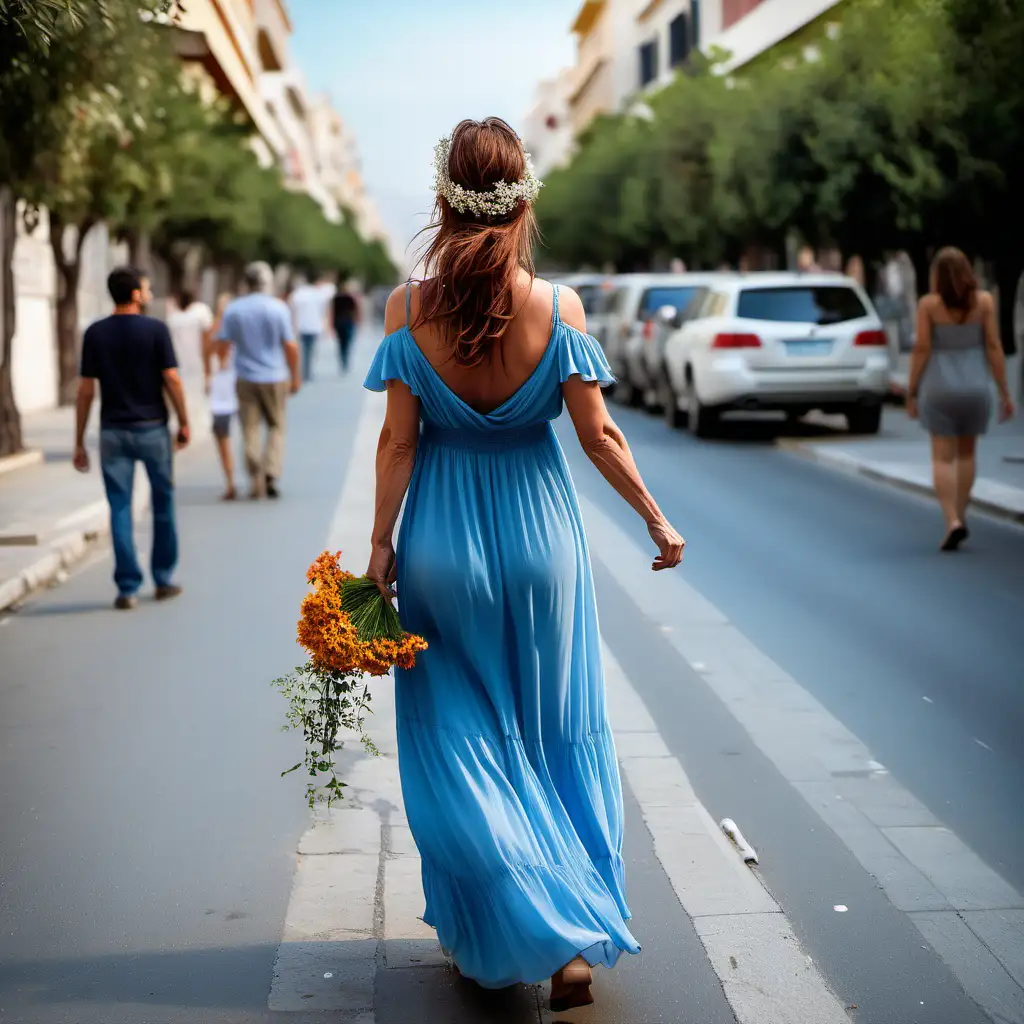 40 year old woman, long brown air decorated with flowers, long sky-blue dress, seen from behind while walking in the downtown of Athens .