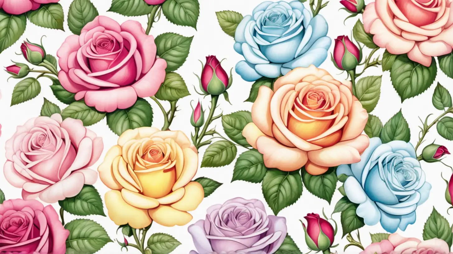 Whimsical Fairytale Scene with Bright Roses on White Background