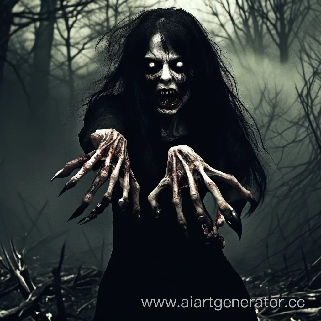 A rotted zombie woman with clawed five-fingered hands stretches her vile hands towards you, she looks like a dead man who has climbed out of the grave, black long hair, black torn dress, long sharp nails like claws, her mouth is threateningly open exposing razor-sharp teeth resembling fangs, she comes to you wanting a snack. filter "she is in close-up": hyper-realism, cinematography, high detail, the smallest details, horror, fear.