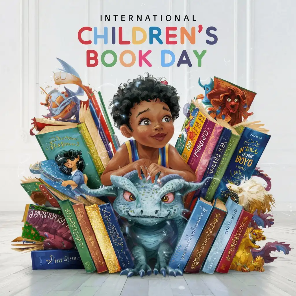 Multiracial Child Surrounded by Adventure Books International Childrens Book Day Poster Illustration