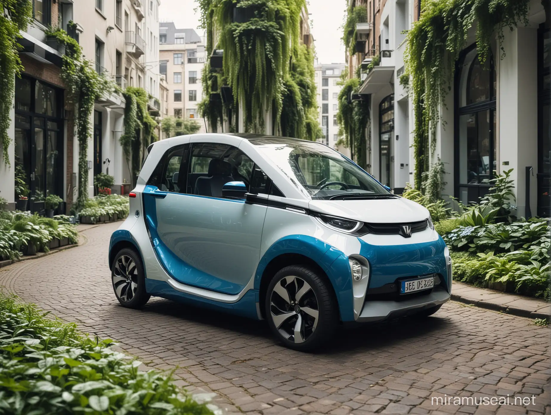 a sharp edged designed small citycar, twoseater, blue and white, with a sunroof, driving through a futuristic city with much greening and vertical gardens