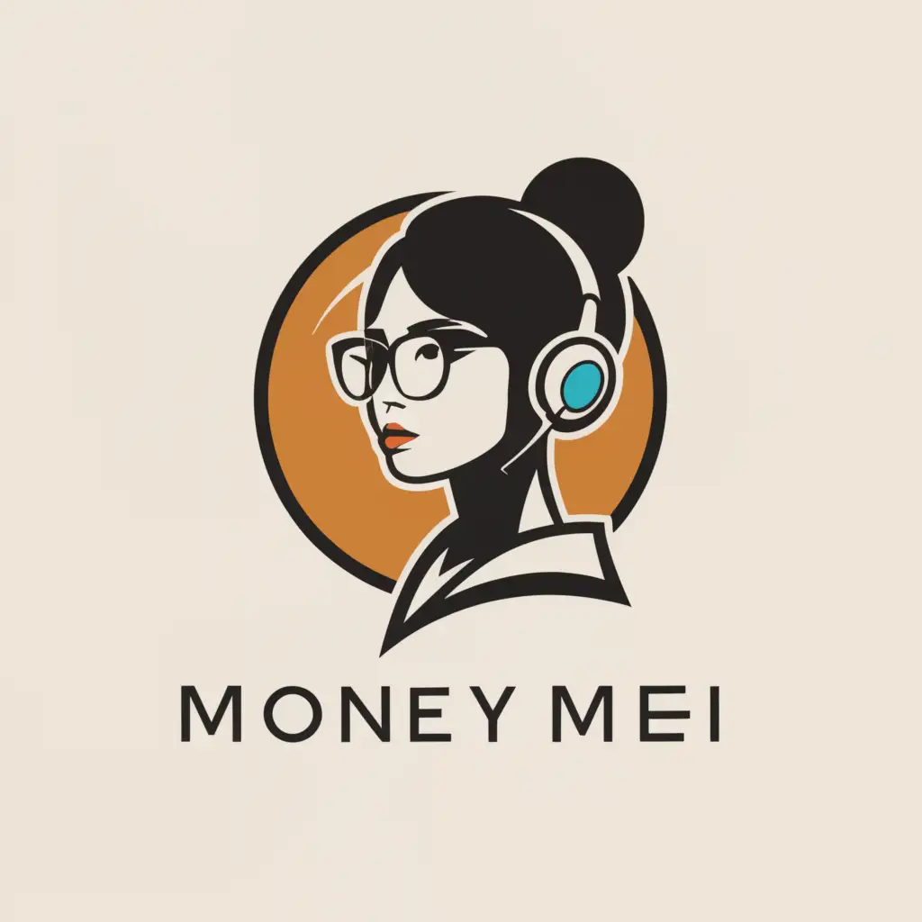 a logo design,with the text "MoneyMei", main symbol:pretty asian woman with glasses and headphones,Minimalistic,clear background