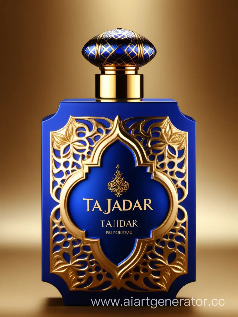 Luxurious-TAJDAR-Perfume-Box-Elegant-Gold-Design-with-Royal-Blue-Accents