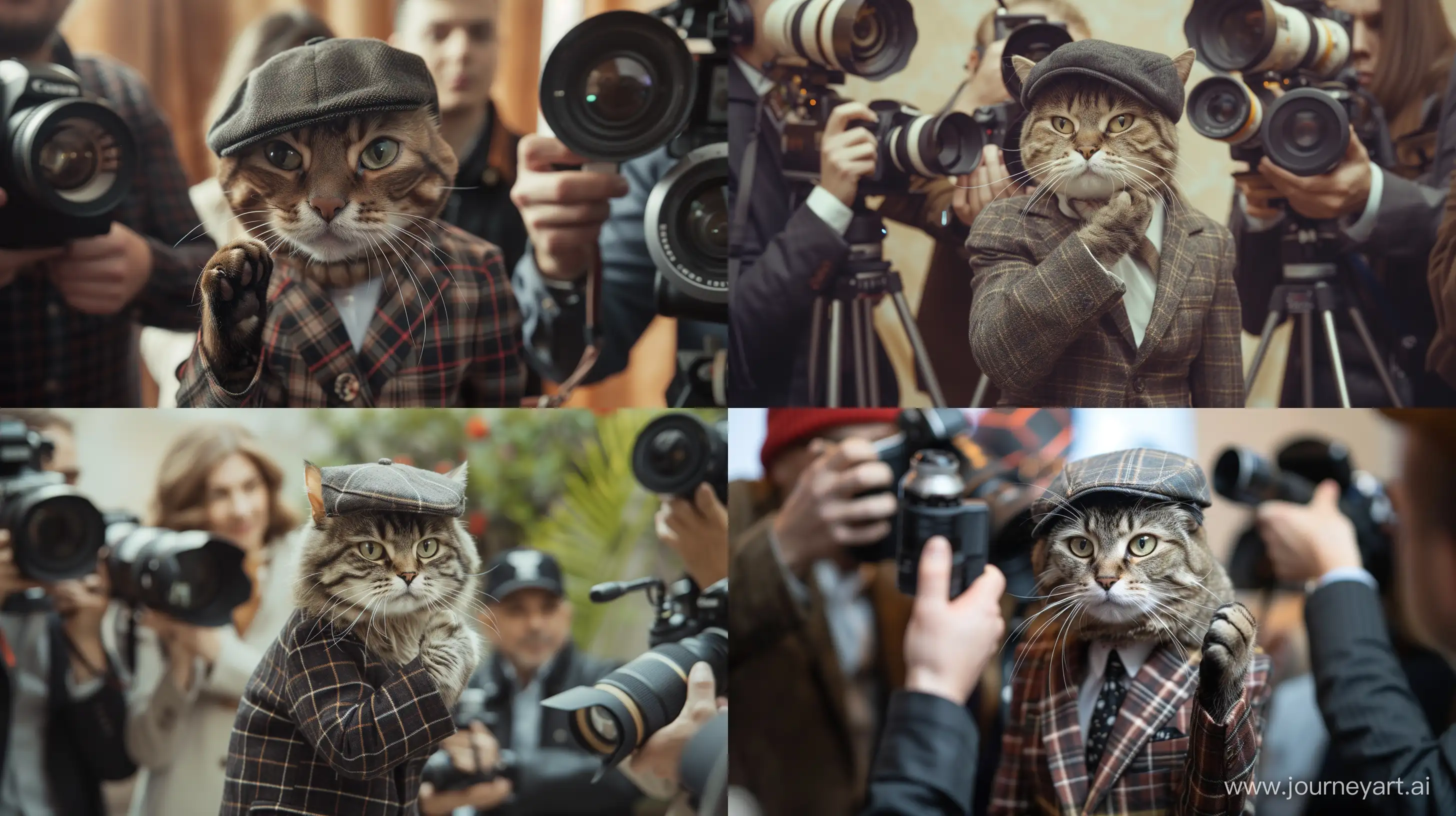  a stylish cat, wearing suit and cap, cat hand hold the cap, around the cat some group of television media, media hand old classics tv reporter 19s camera, they taking photos of cat, perfect --ar 16:9 --v 6