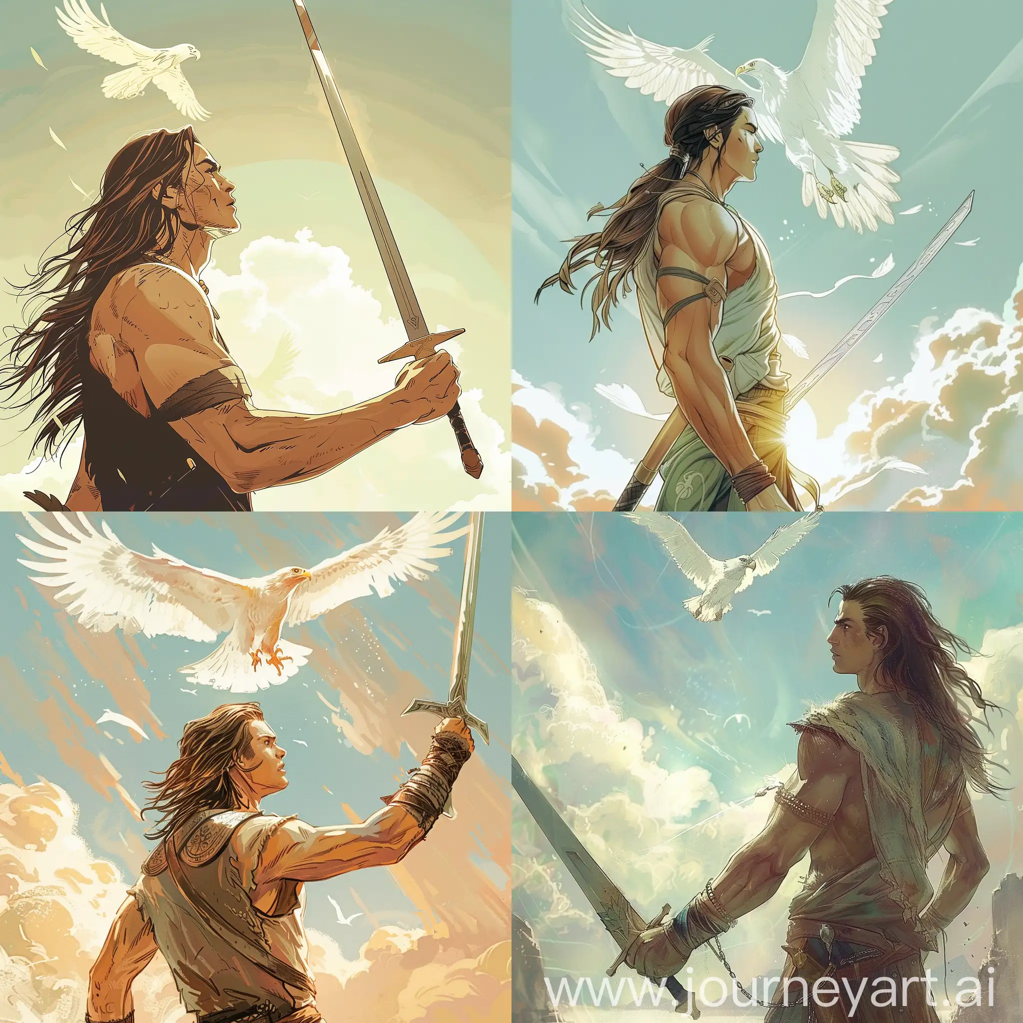 古风漫画，年轻长发帅气男子，右手拿着宝剑，朝向天空，白色雄鹰，在天空飞翔，