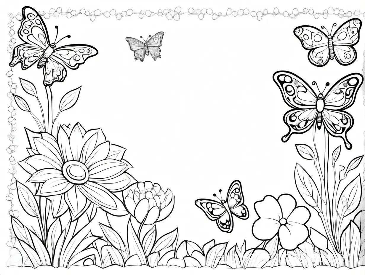 Flower-Coloring-Page-with-Bird-and-Butterflies-Simple-Line-Art-for-Kids