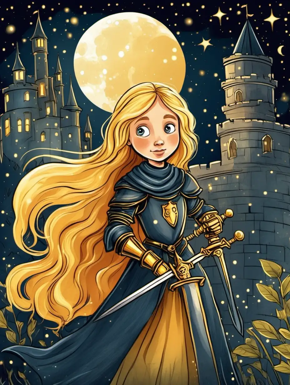 a girl with golden hair with a knight at night, for children, illustration, storybook, color