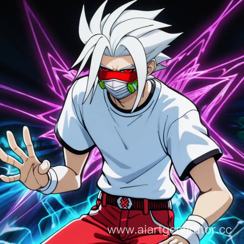 Пацан в чине белой футболке с белыми волосами с красными штанами с неоновой маской и электрической ауре в стиле аниме Hunter x hunter