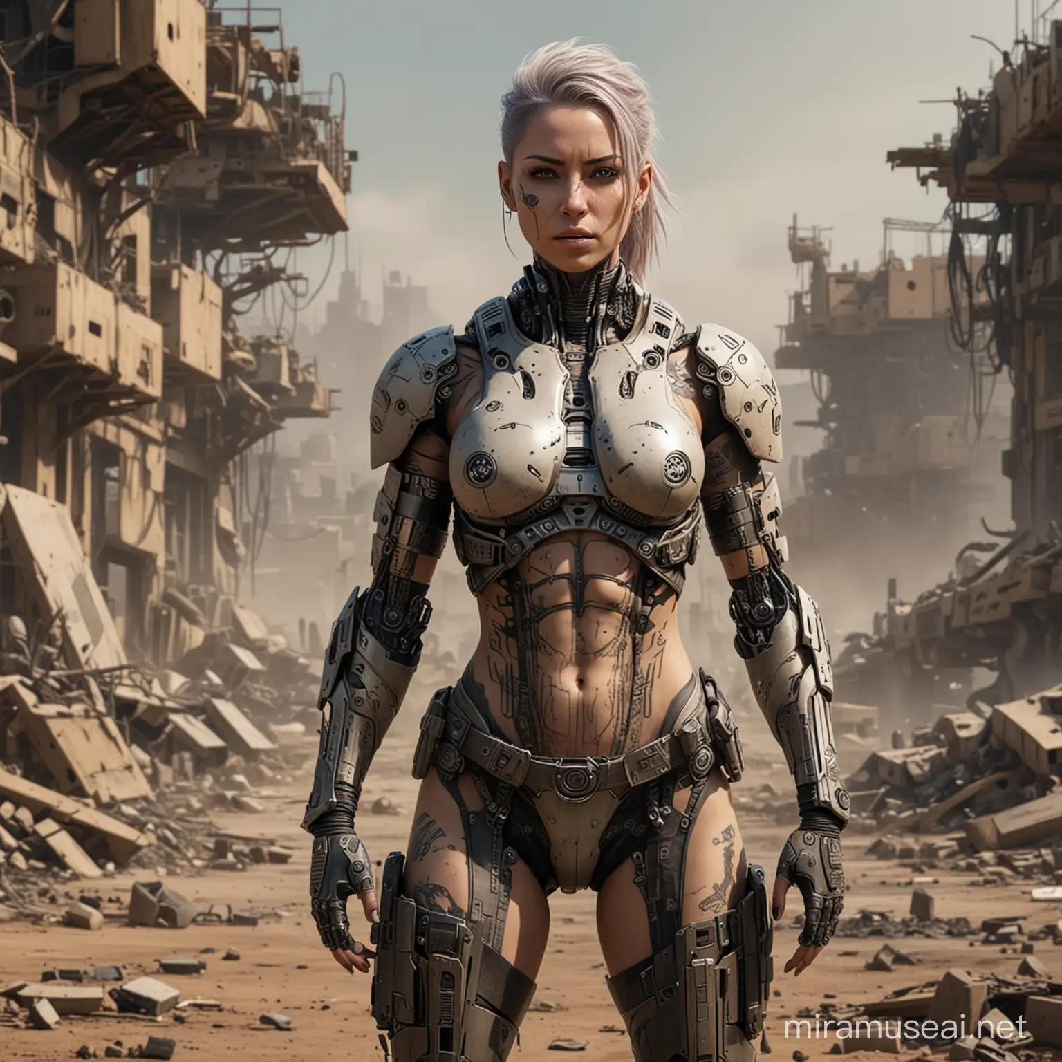 female future warrior in a post apocolypse world, tattoos, part human and part cybernetics, in a warzone, full body