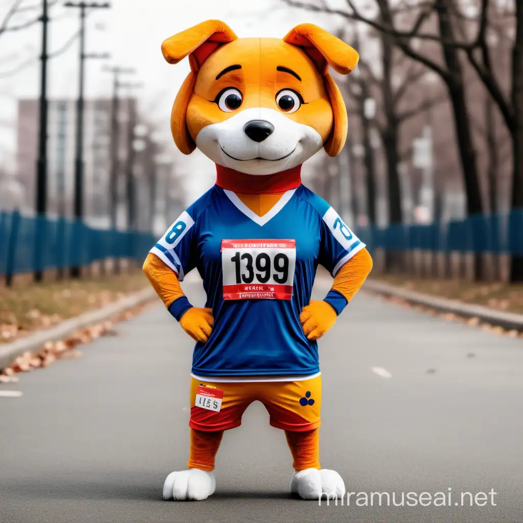 a dog mascot aesthetic body wearing runner jersey of marathon standing full body pose with folded hands