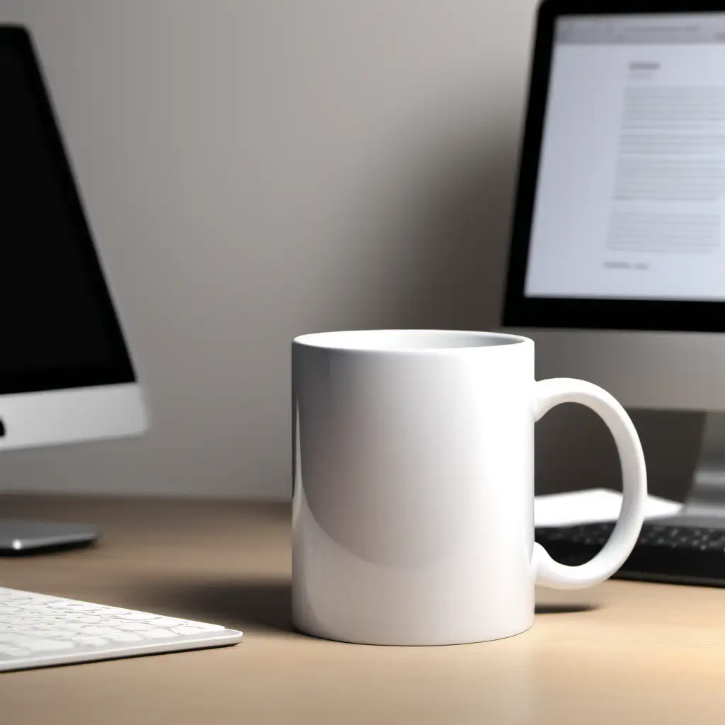 Produce a mockup of a plain white 11oz ceramic mug on a minimalist office desk, with office items in a blurred background. The image should highlight the mug under soft, ambient lighting, emphasizing its sleek, design-free appearance.
The mug must not have any type of design, plain white.