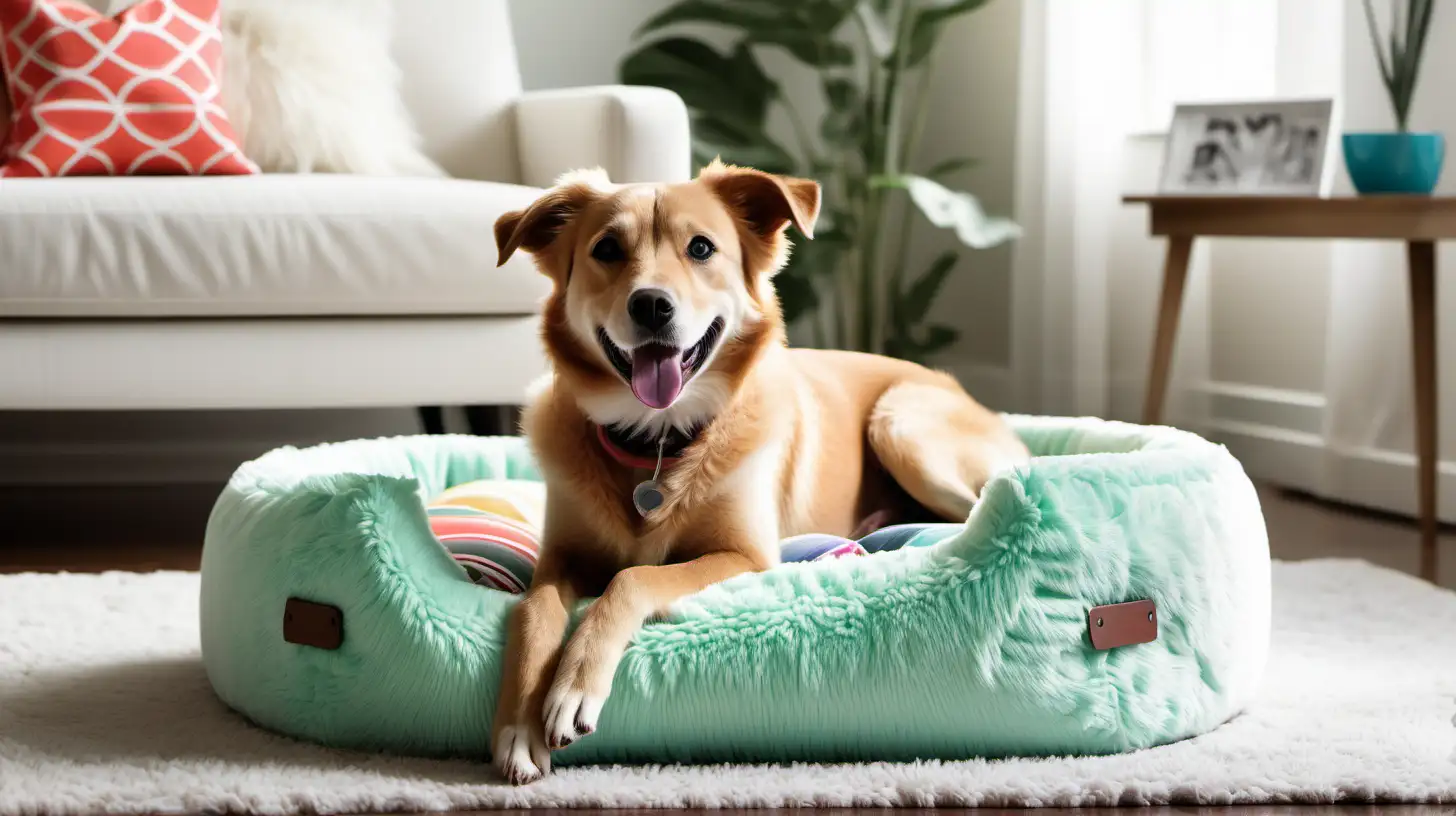 Create an image of a joyful, awake dog sitting proudly on a plush, colorful dog bed in the center of a brightly lit, modern living room. The room should be decorated in a vibrant and welcoming style, with a color palette that includes mint, sky blue, beige, and accents of more vivid hues to add life and energy to the space. The dog, exuding happiness and a playful spirit, should be the focal point, embodying the perfect blend of pet comfort and contemporary elegance. The atmosphere should convey a sense of warmth, inviting viewers into a home where the happiness of the pet is a priority, and the interior design enhances the joyful mood.