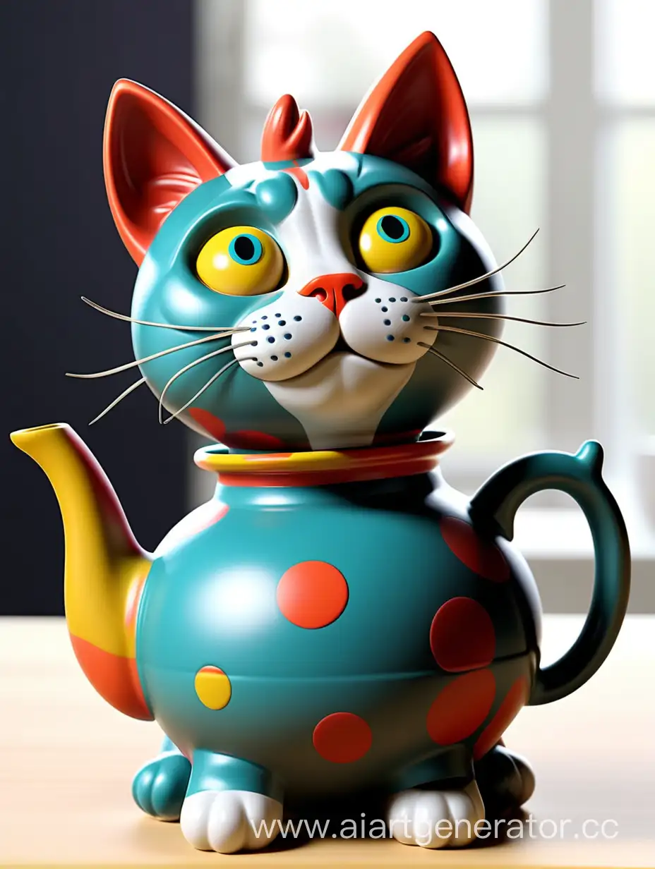 Generate a teapot-shaped cat with a playful expression and vibrant colors.