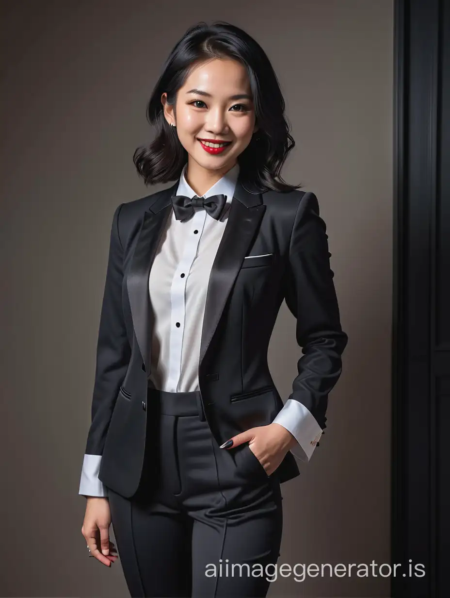 A portrait of a 35 year old smiling asian woman with shoulder length black hair, and lipstick, mid-twenties of age, is standing in a dark room facing the viewer.  She is wearing a tuxedo with an open black jacket and (black pants).  Her shirt is white with double french cuffs and a wing collar.  Her bowtie is black.   (Her cufflinks are large and black).  (She is wearing shiny black high heels). 