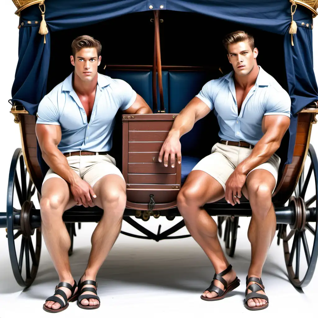 Muscular Men in Shorts and Sandals Waiting in Carriage