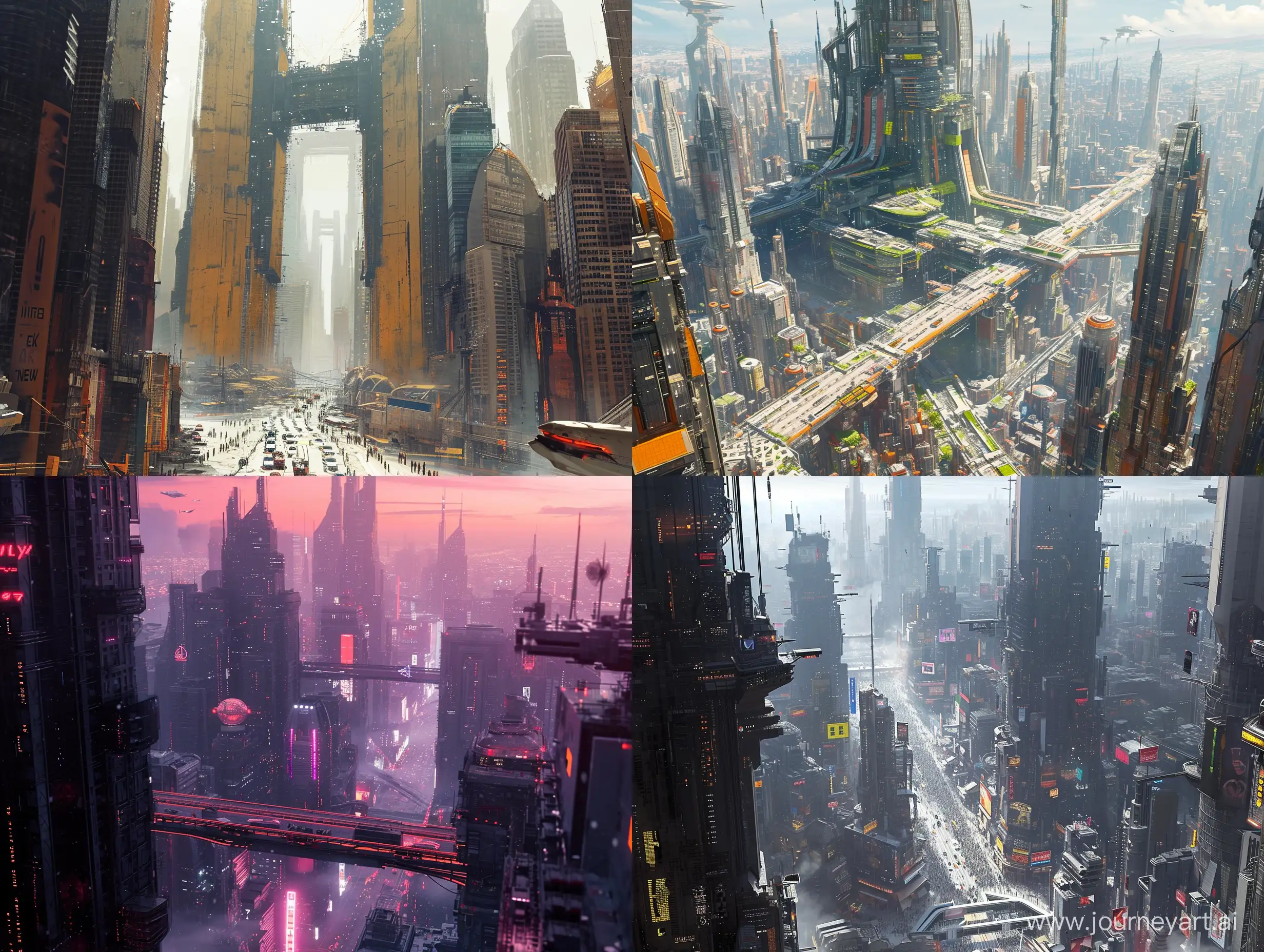  a Futuristic city, gitpunk, detailed to precise, sci fi, modern, busy environment, naturalism, vibrant, transportation, cinematic, soft visuals to match the mood, modern architectures, stars wars city design inspired, dystopian, ancient skyscrapers and buildings, residences, new york city
