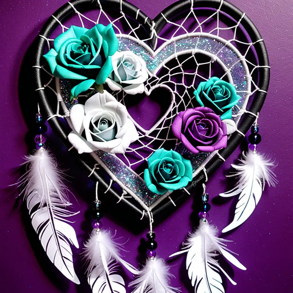 Valentine heart and roses dream catcher, purple, teal, black, white glitter, glistening, sparklecore, soft lens, colorsplash