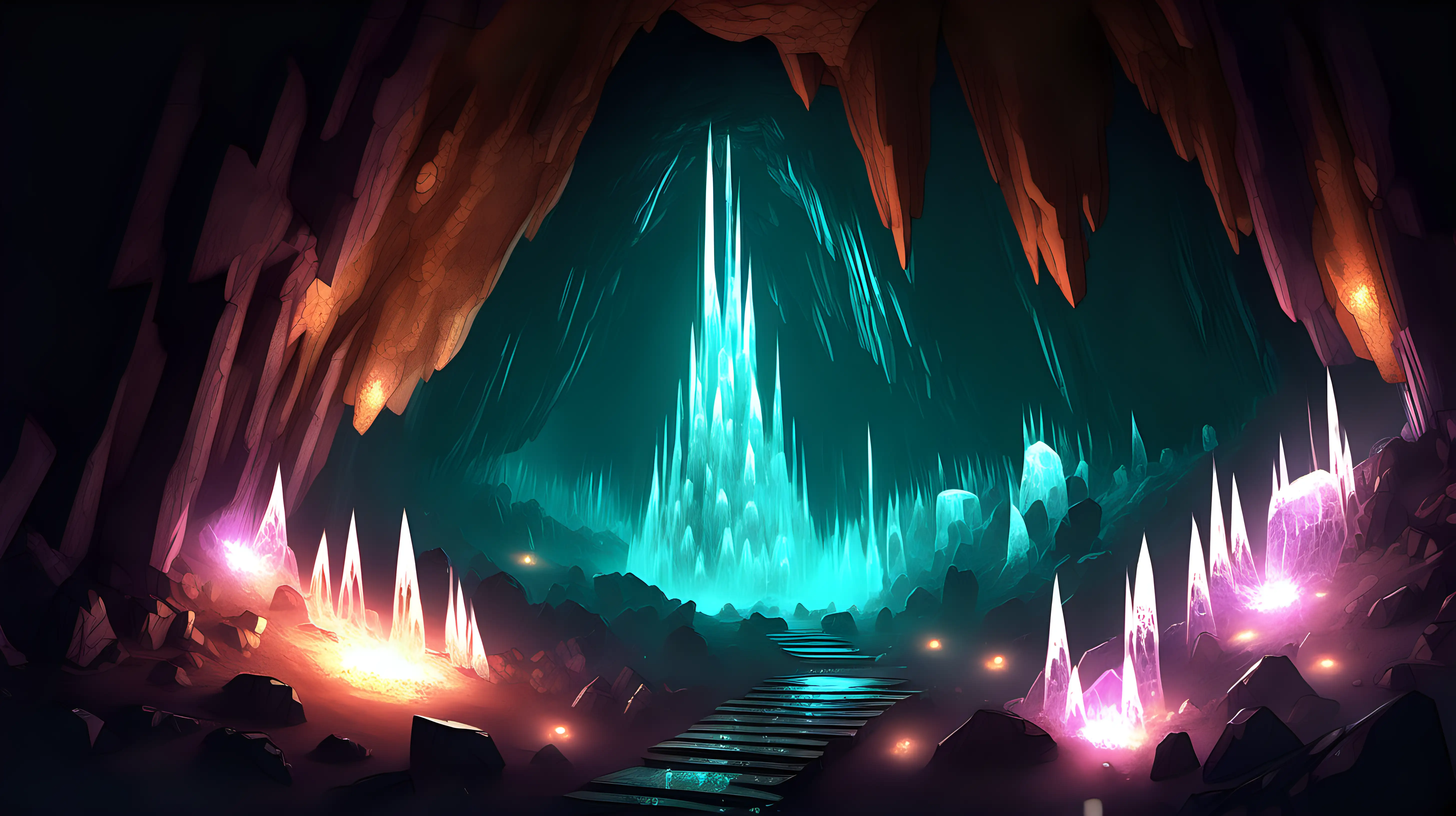 Subterranean cave system with glowing crystals.