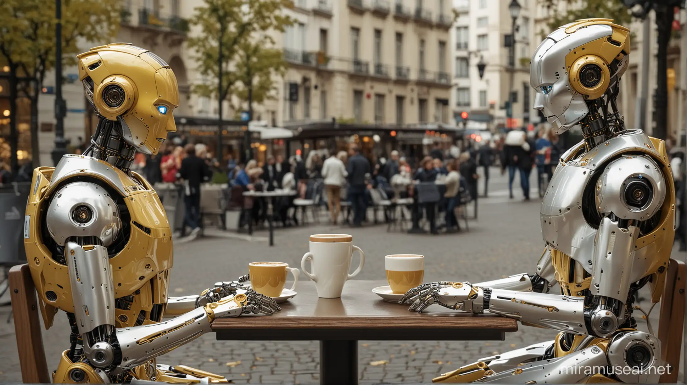 A quadruped yellow robot and a humanoid robot sit talking over coffee, both robots are gleaming silver, they are at a small table in Paris, many other robots dine around them