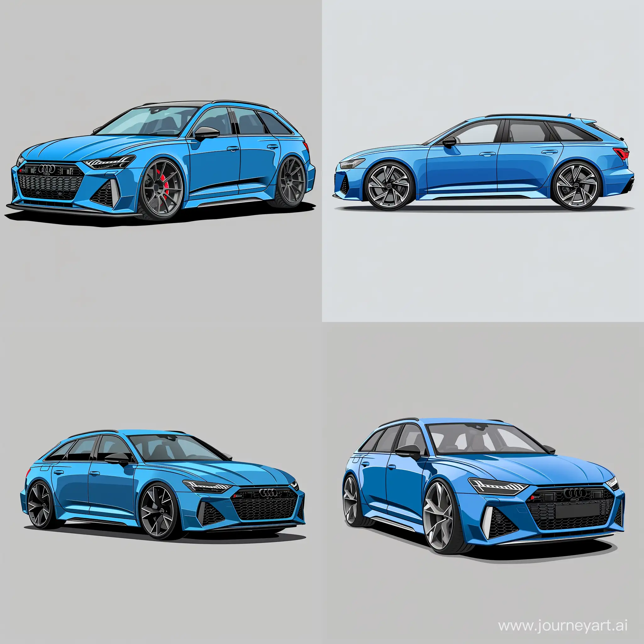 Minimalism 2D Illustration of Car With Little Angle: Bold Blue Audi RS6 2022, Simple Gray Background, Adobe Illustrator Software, High Precision