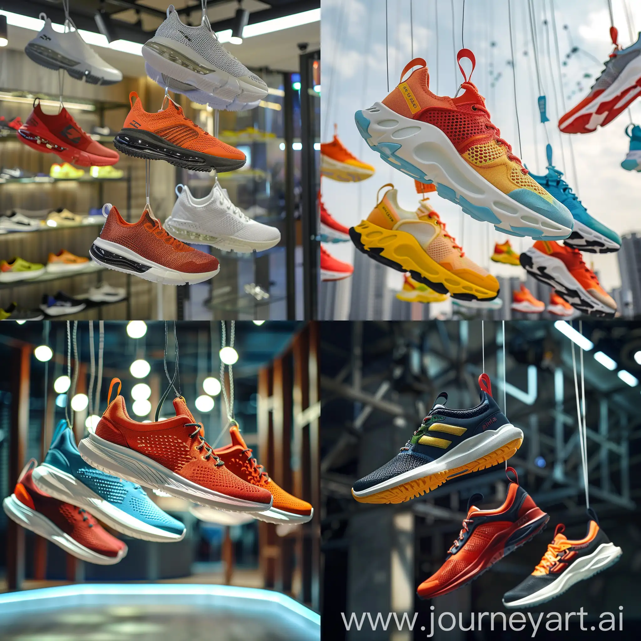 advertisment of sports shoes suspended in the air with the brand of name attar center 