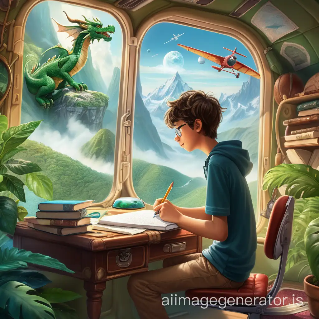 A teenager writes a novel, with a thoughtful air. His ideas come to life in the room: a dragon, planets, planes, mountains, the jungle. The plane must be visible.