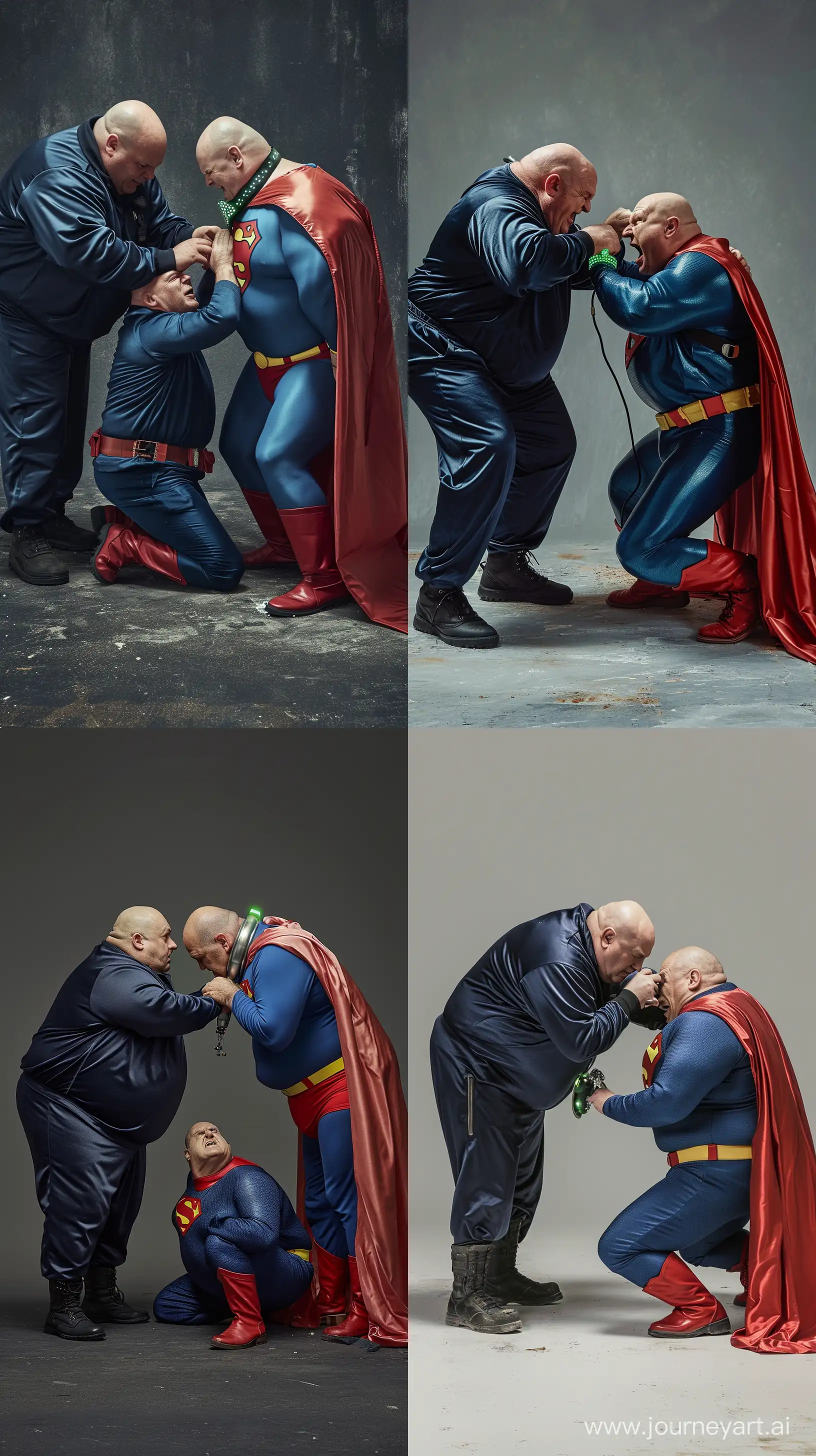 Photo of two men. The first man is a chubby man aged 70 wearing a silky navy tracksuit and black tactical boots, bending over and tightening a small glowing shiny green short metal collar on the neck of another angry chubby man aged 70 kneeling on the floor wearing a silky blue superman costume with a large red cape, red boots, blue shirt, blue pants, yellow belt and red trunks. Outside. Bald. Clean Shaven. --style raw --ar 9:16 --v 6