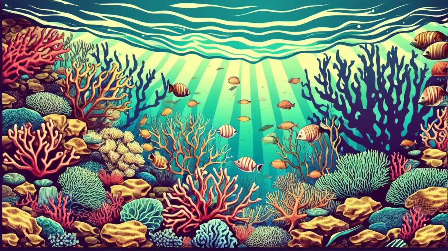 Vintage Coral Reef Illustration Tranquil Underwater Scene with Colorful Marine Life